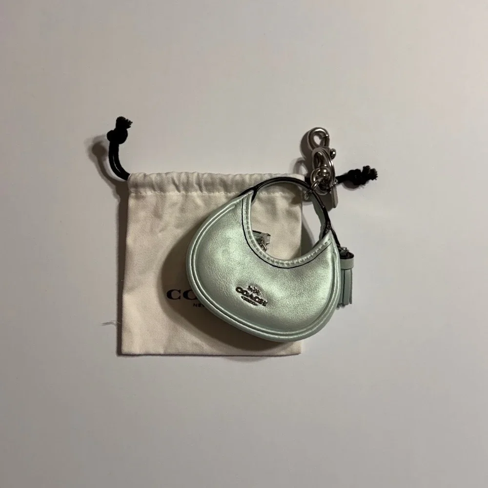 Coach Metallic Mint Green Mini Bag Charm Hobo Key Fob Tassel Leather Accessory